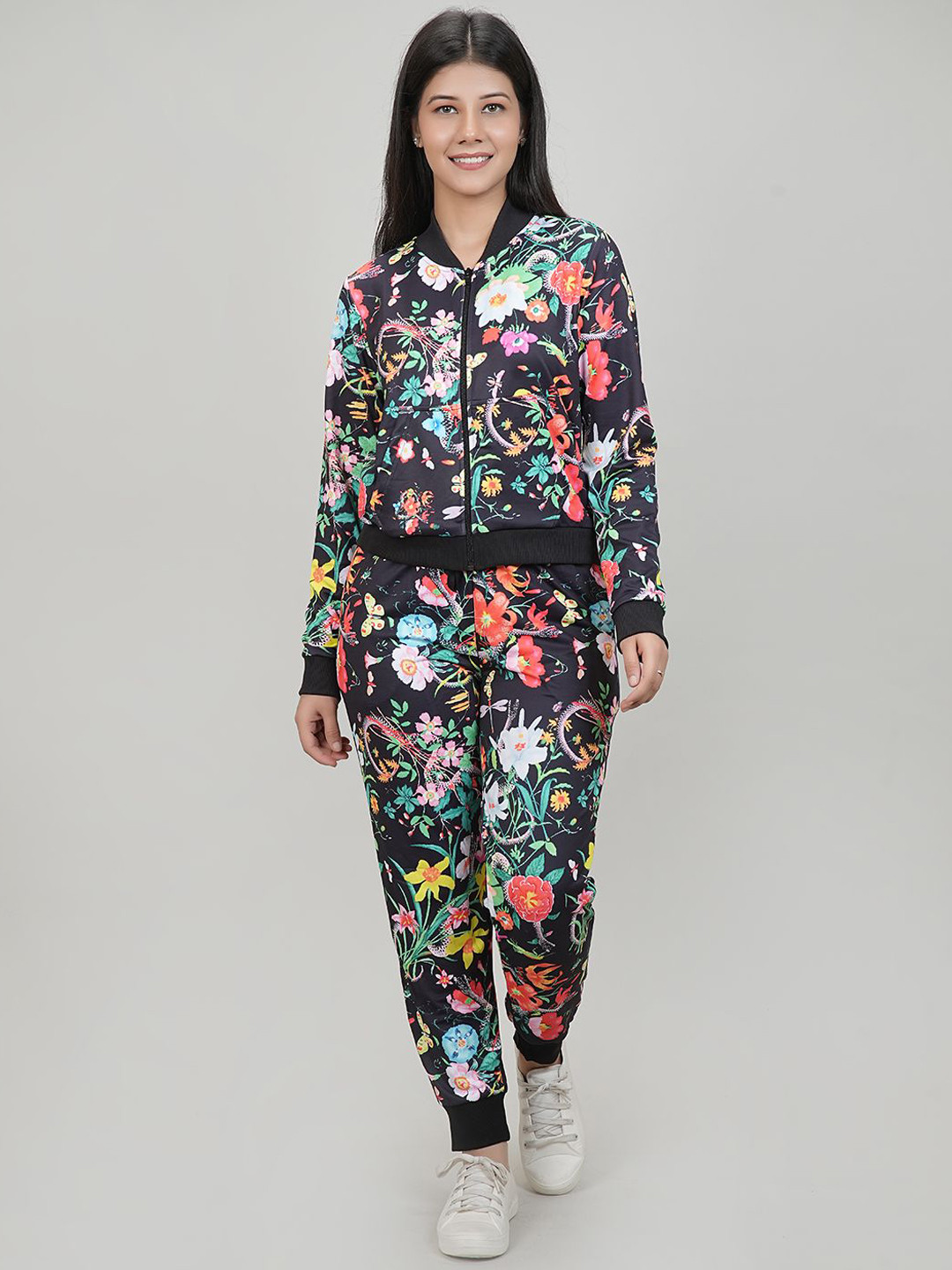 She N She Floral Printed V-Neck Sweatshirt With Joggers Co-Ords