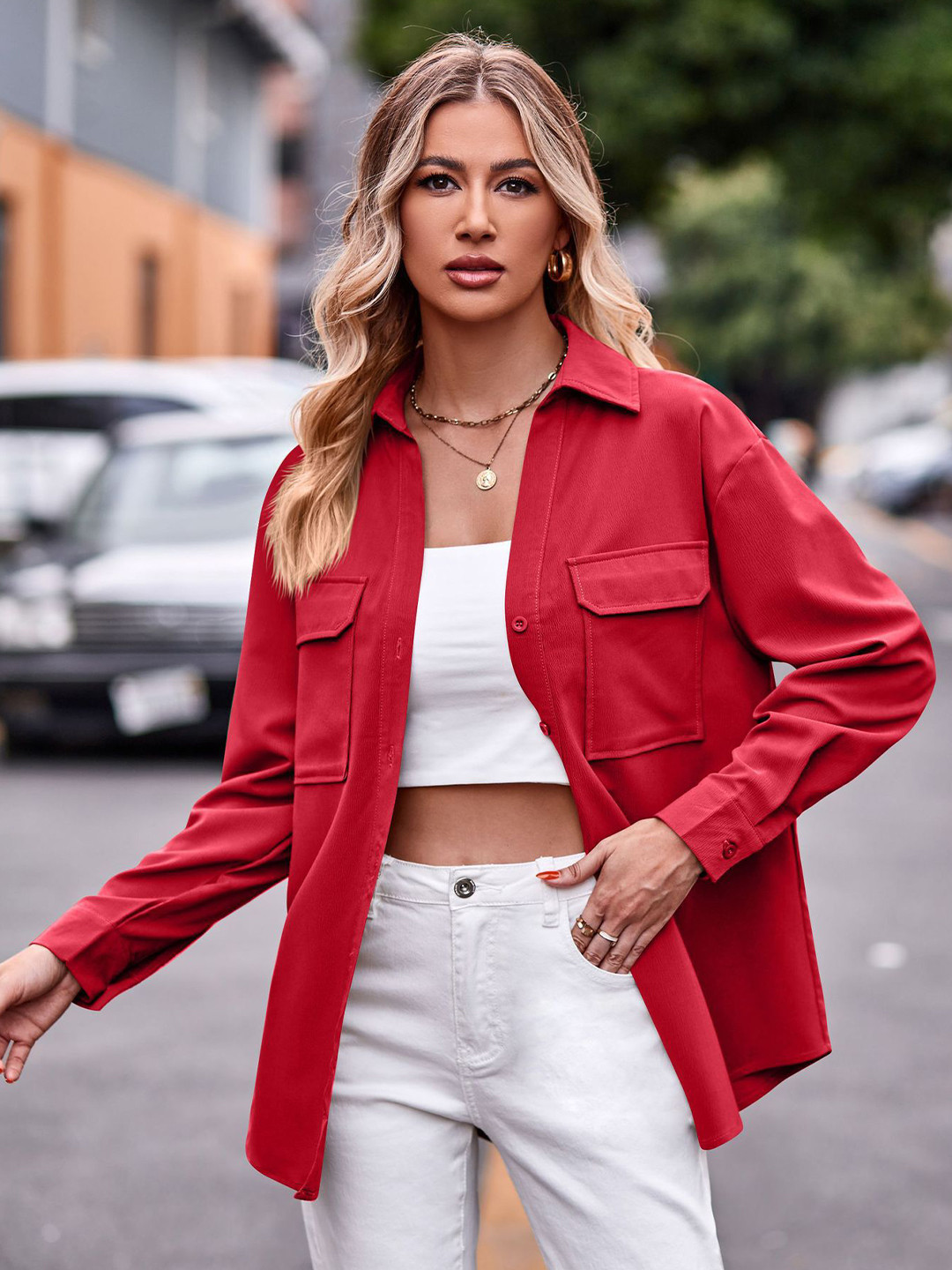 StyleCast Red Spread Collar Long Sleeves Pockets Oversized Shirt
