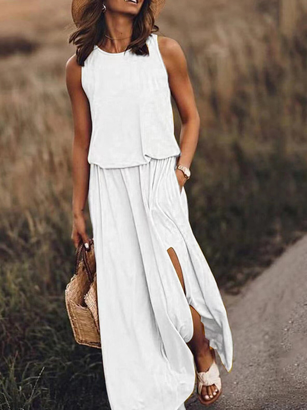 StyleCast White Round Neck Sleeveless Casual Drop-Waist Maxi Dress