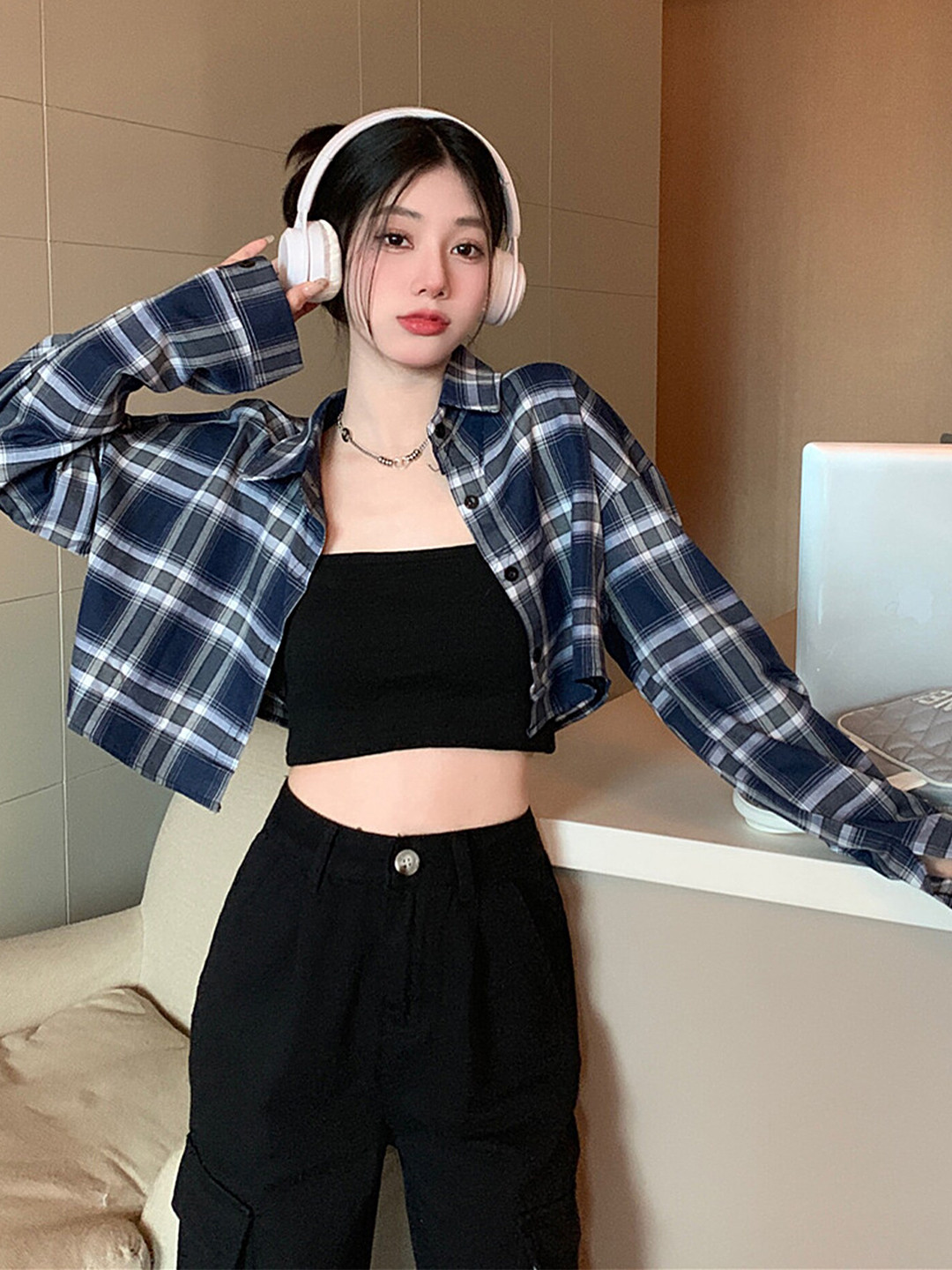LULU & SKY Tartan Checks Boxy Fit Cropped Shirt