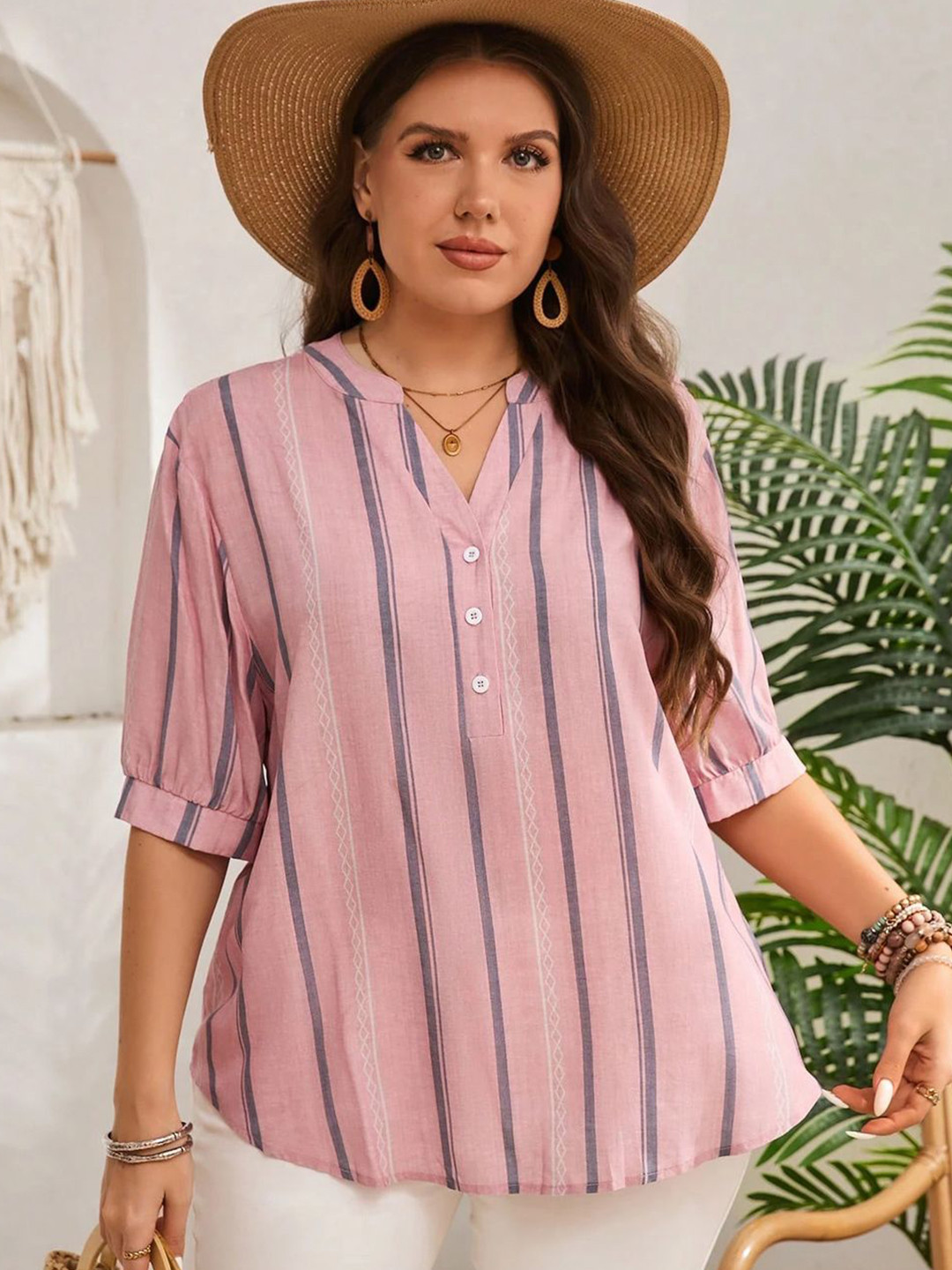 FERY LONDON Women Striped Mandarin Collar Regular Top