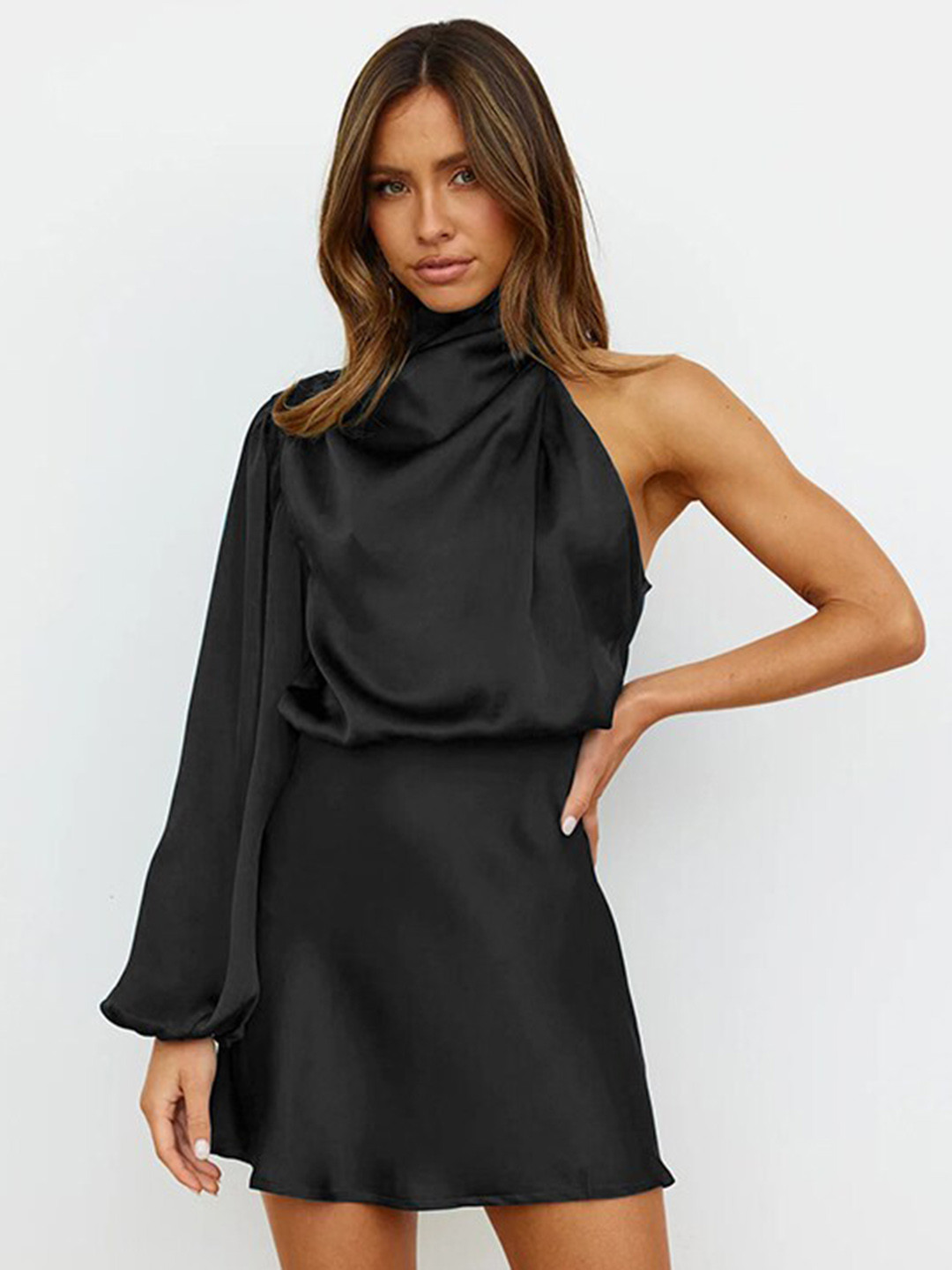 StyleCast Black Cowl NeckOne Shoulder Puff Sleeves A-Line Dress