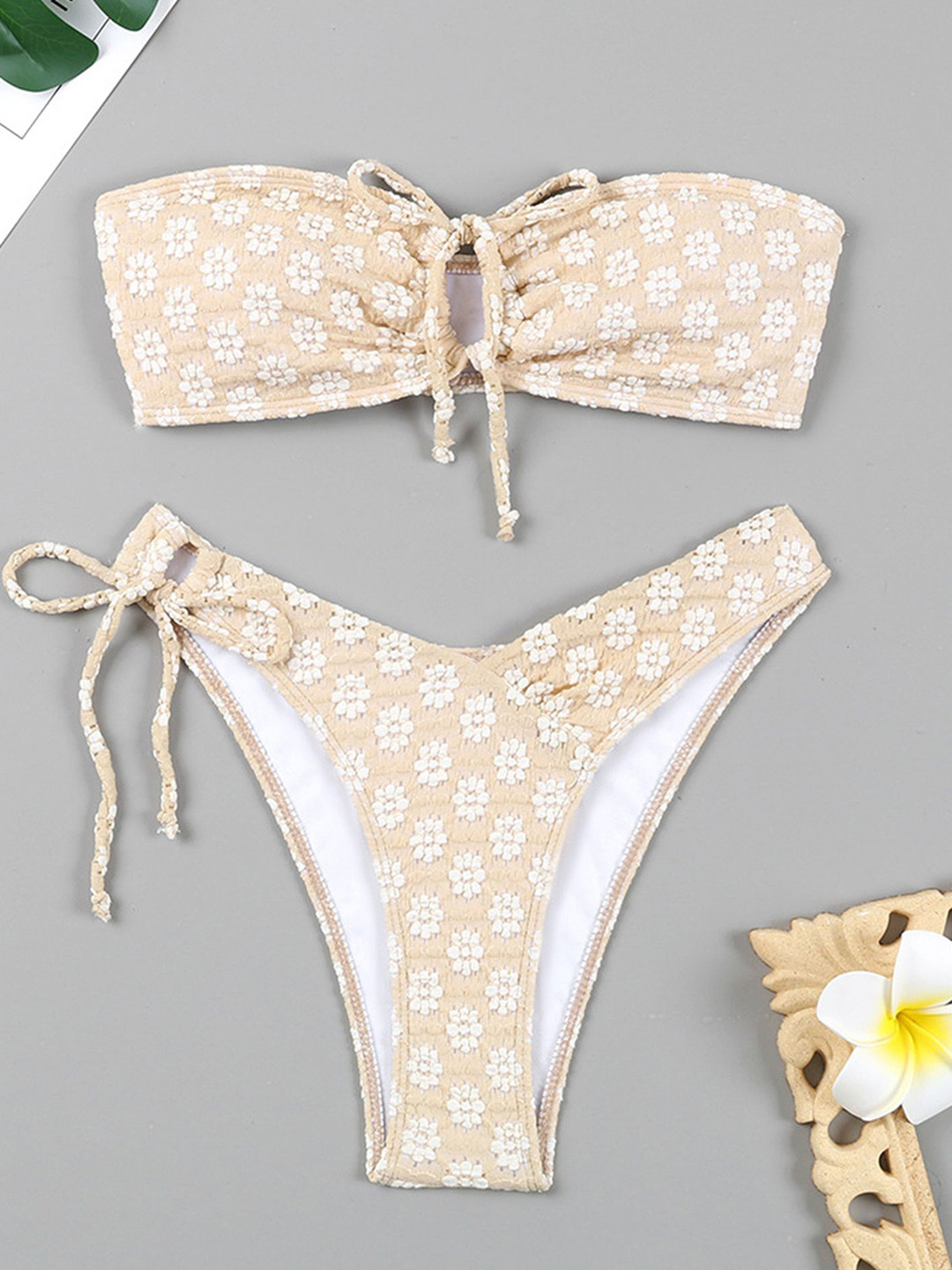 LULU & SKY Tie-strap Floral Embroidered Strapless Swim Bikini Set