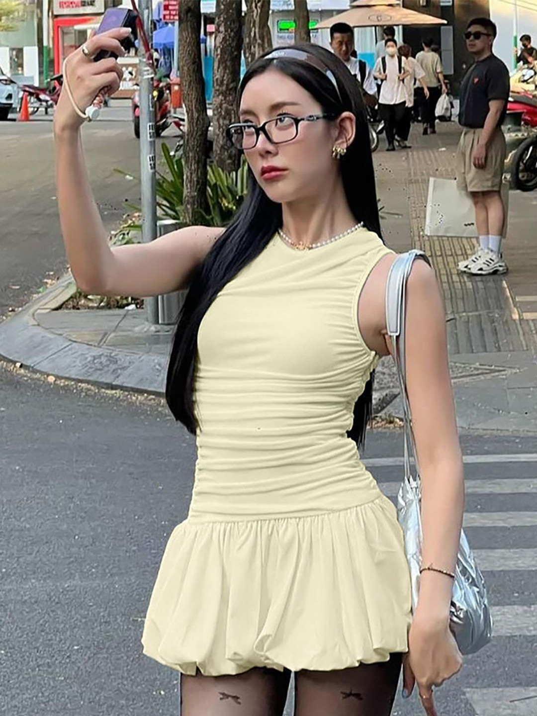 StyleCast x Revolte Yellow Solid Fit and Flare Mini Dress