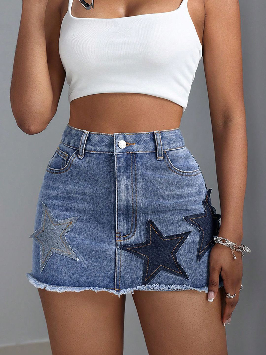 StyleCast Printed High-Waisted Denim Mini Skirt