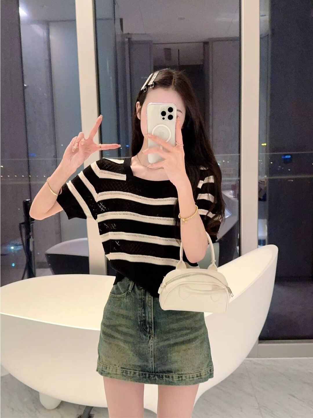 StyleCast Monochrome Striped Square Neck Crochet Top