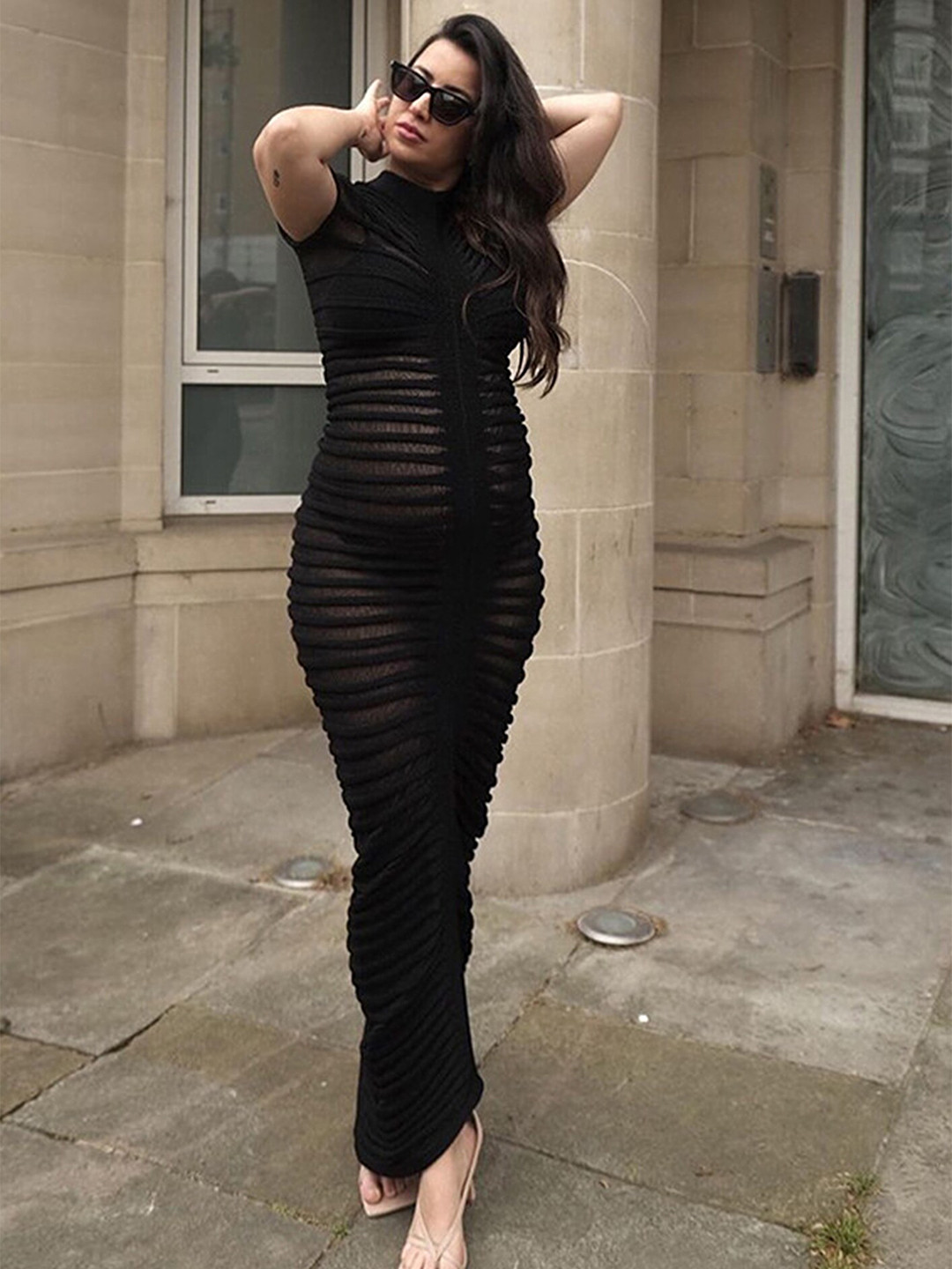 LULU & SKY Black Pleated High Neck Maxi Dress