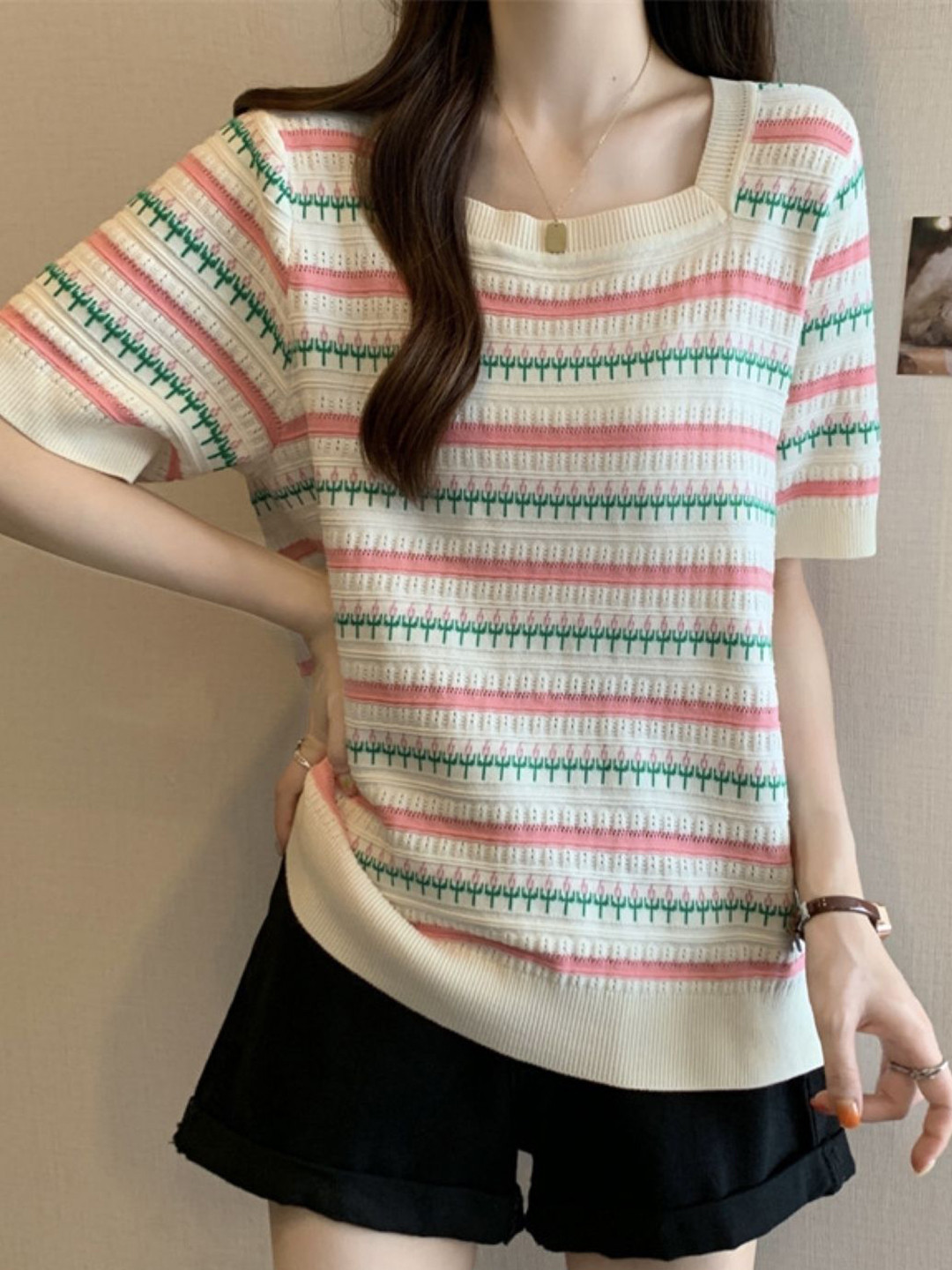 StyleCast Women Horizontal Striped Square Neck Top