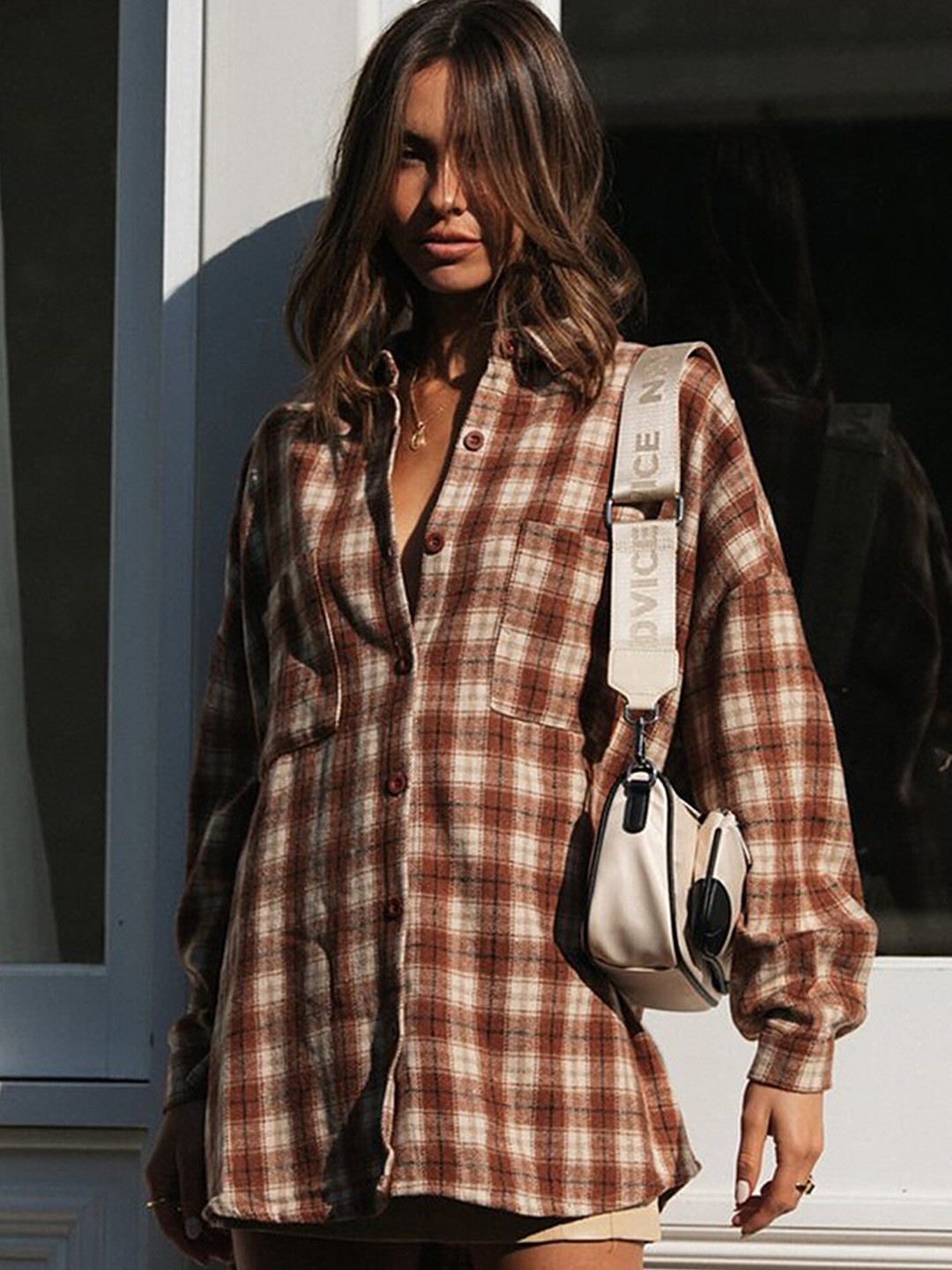 LULU & SKY Checked Loose Fit Longline Shirt Style Top