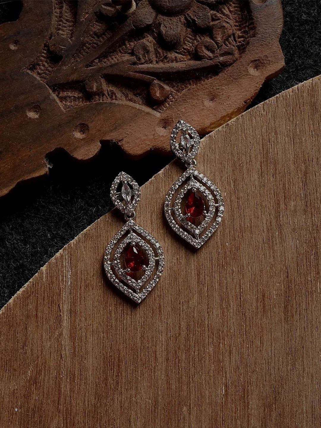 Gemron Jewel Rhodium-Plated American Diamond Studded Leaf Shaped Drop Earrings