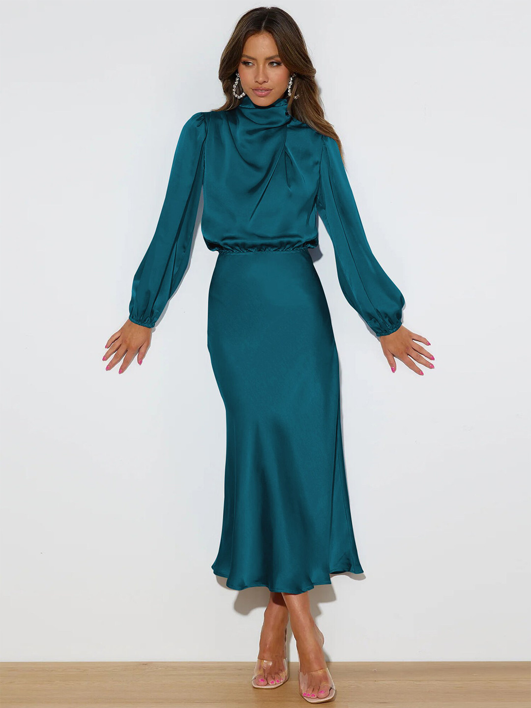 StyleCast Green Mock Neck Puff Sleeve Blouson Dress