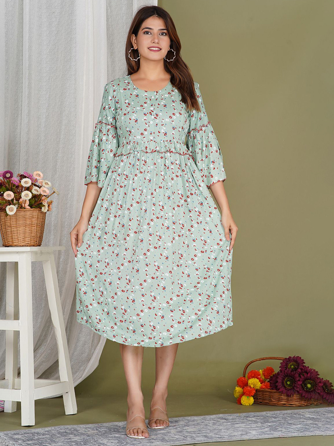 MomsBae Off-Shoulder Bell Sleeve Maternity Dress