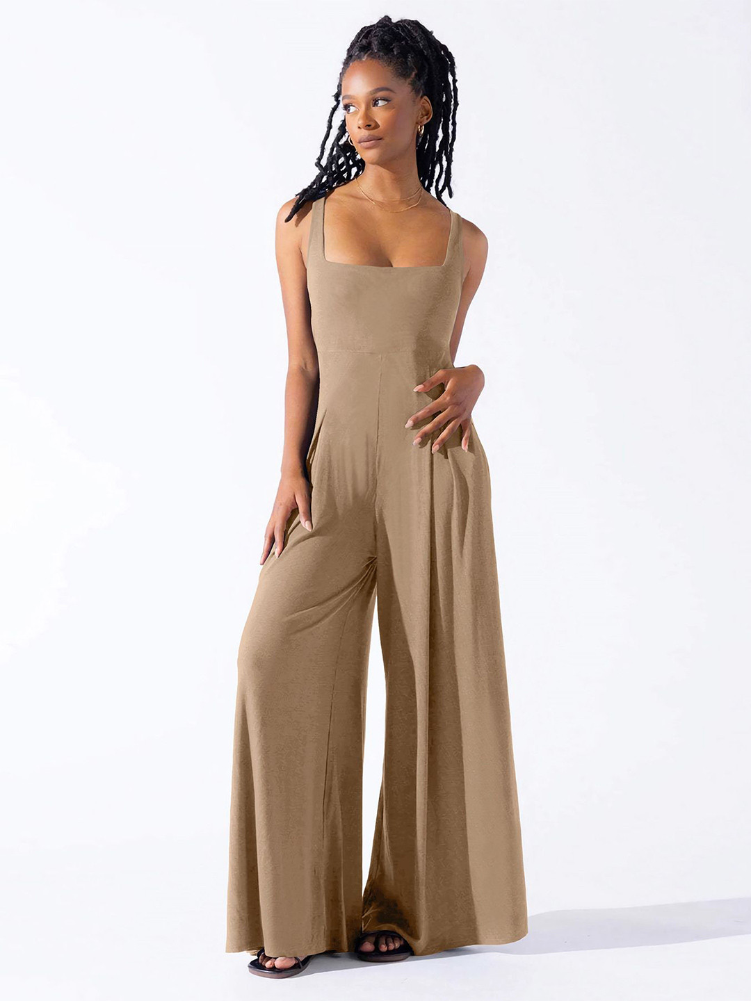 bebe Beige Square Neck Shoulder Strap Pleated Wide Leg Jumpsuit