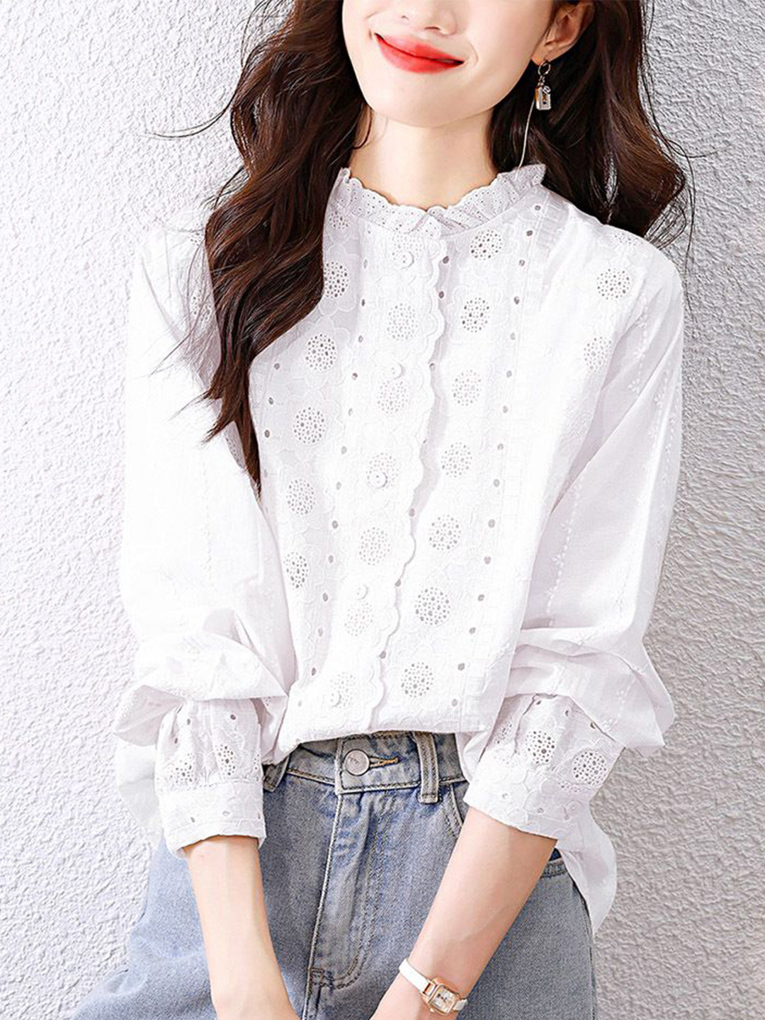 StyleCast White Embroidered High Neck Cotton Top