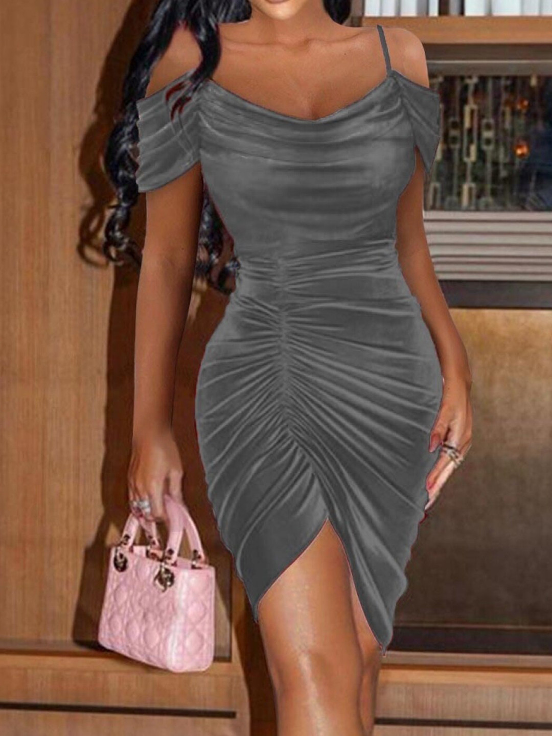 StyleCast Grey Shoulder Straps Ruched Bodycon Dress