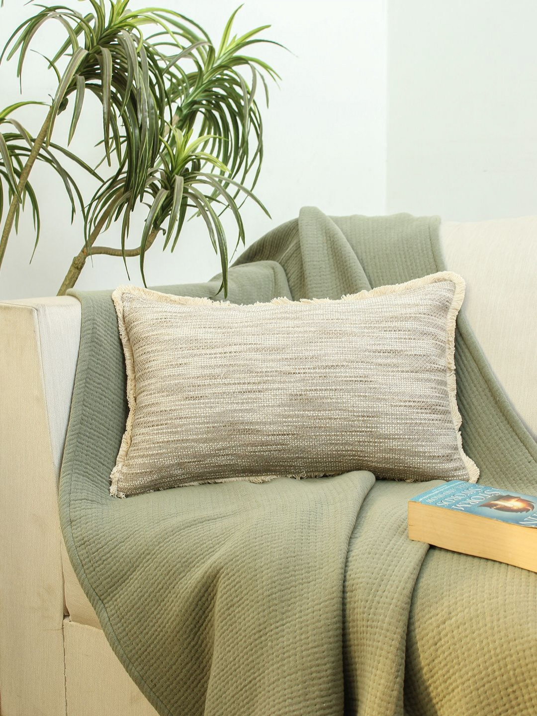 HOMPRIN Cream Textured Weave Rectangle Cotton Cushion Cover