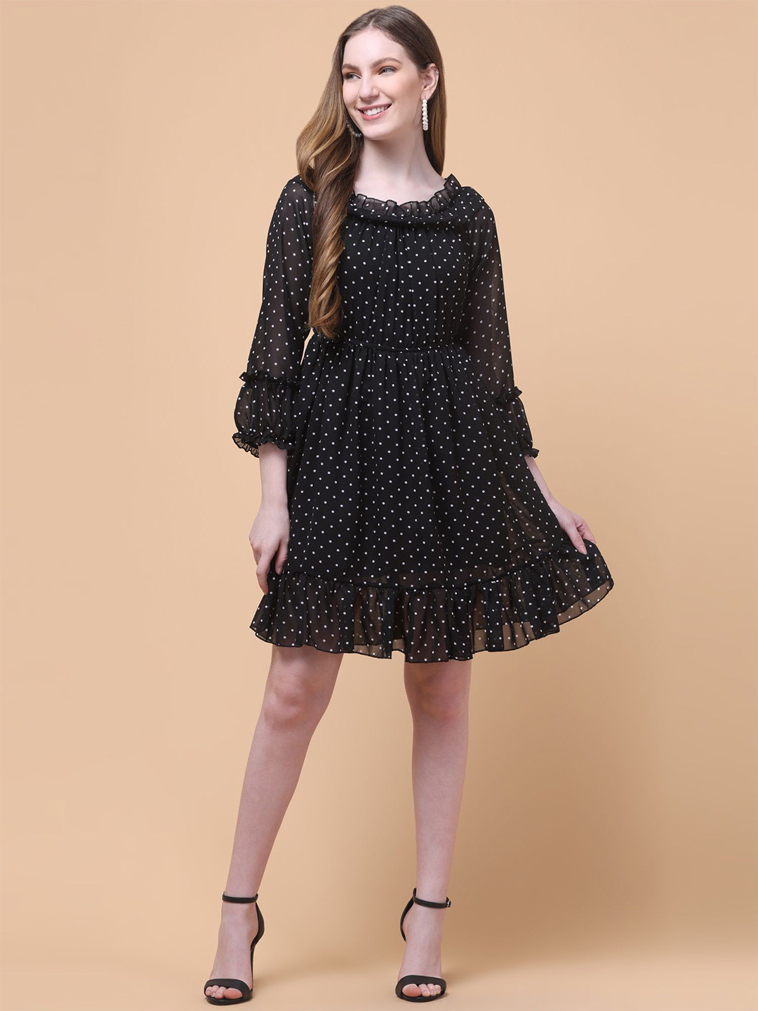 Charitra Women Polka Dot Off-Shoulder Bishop Sleeve Georgette A-Line Dress