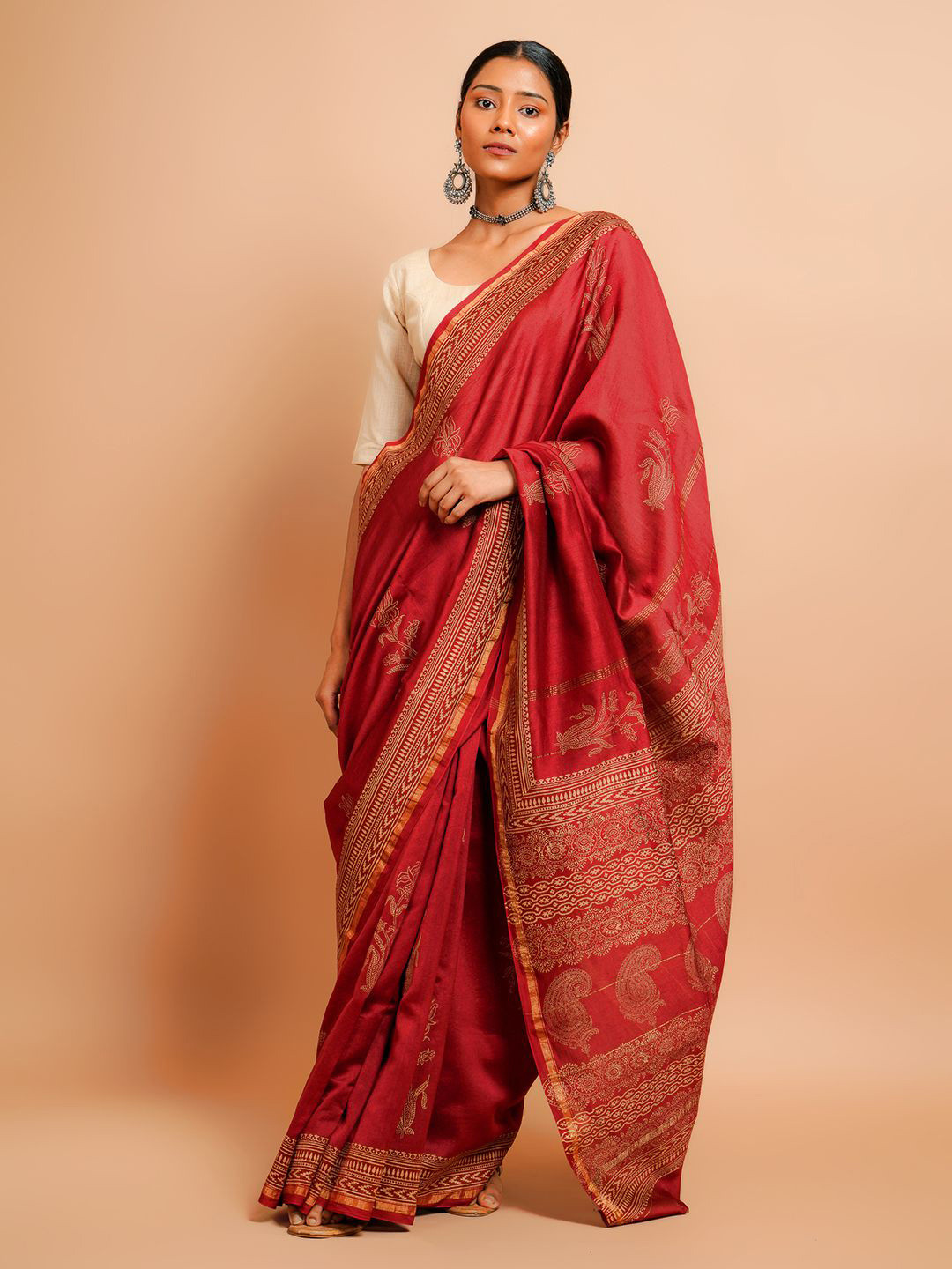 PALASH Women Hand Block Printed Chanderi Saree
