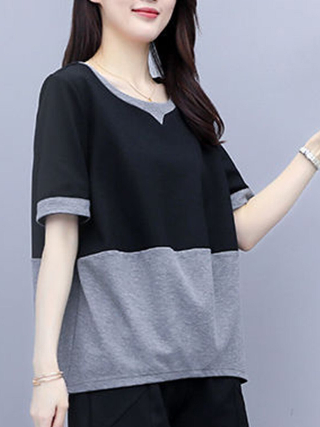 LULU & SKY Grey & Black Colourblocked Round Neck Casual Top