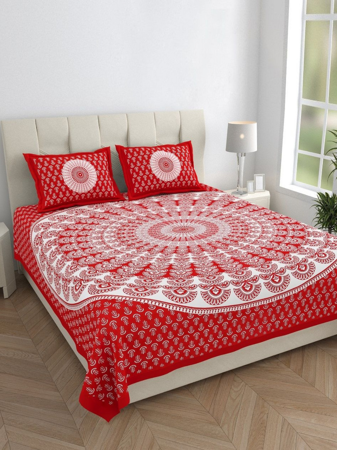 Monik Handicrafts Red Ethnic Motifs Cotton 144 TC King Bedsheet with 2 Pillow Covers-228 x 262 cm