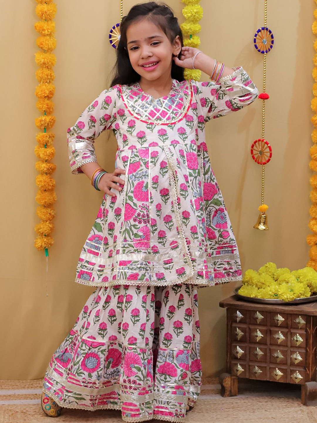 Vastrarth Girls Floral Self Design Cotton Straight High Slit Kurta with Skirt