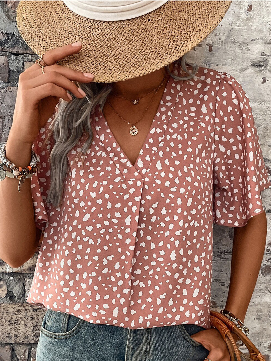 StyleCast Coral Abstract Printed Flared Sleeves Top