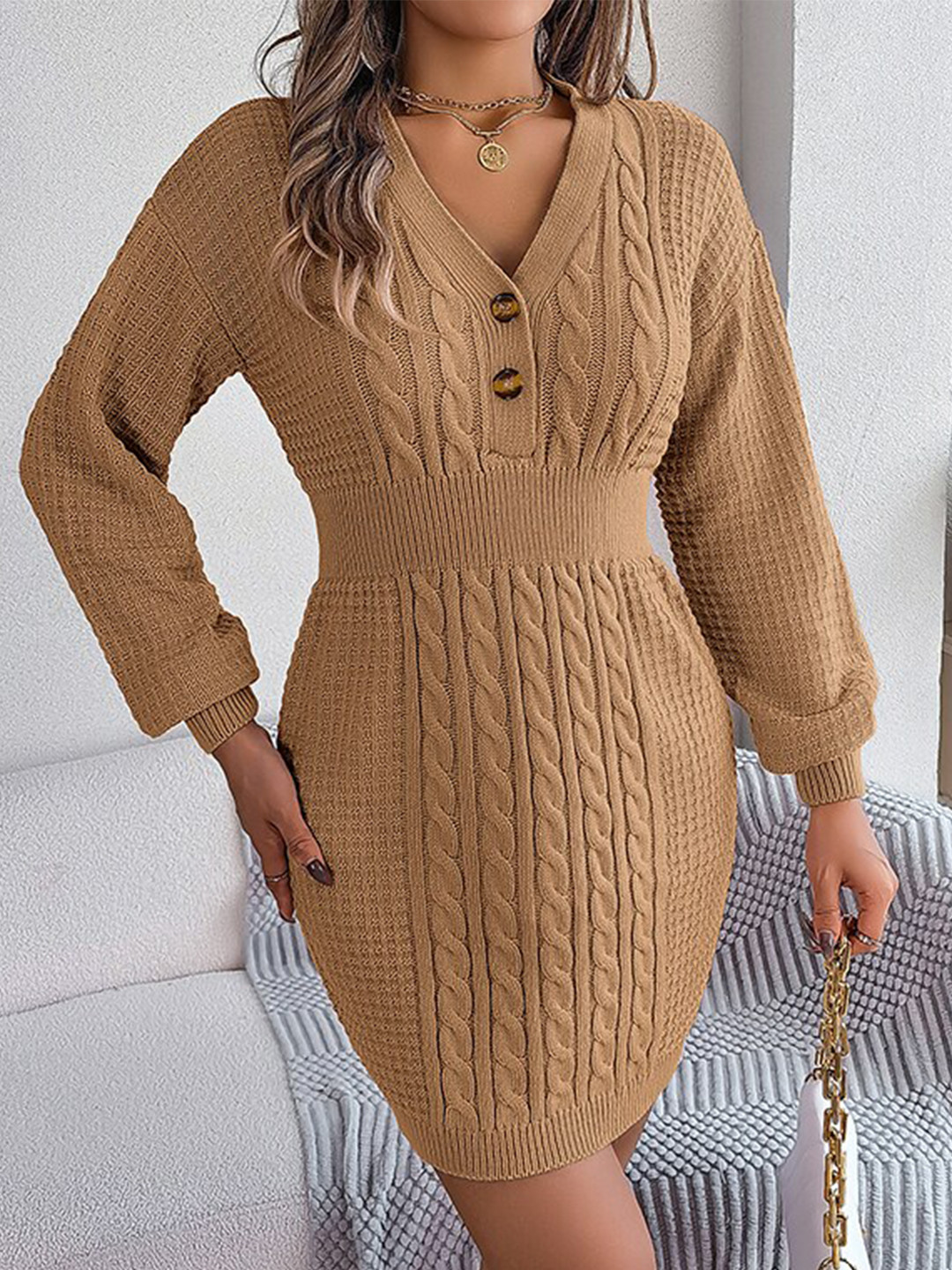 StyleCast Khaki V-Neck Long Sleeve Sweater Dress