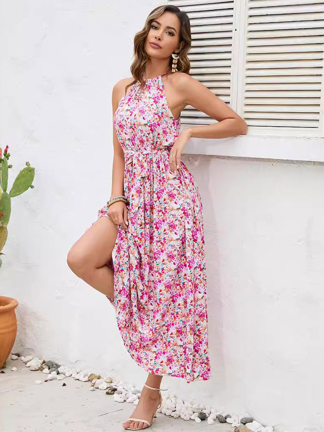 StyleCast White & Pink Round Neck Floral Print Maxi Midi Dress