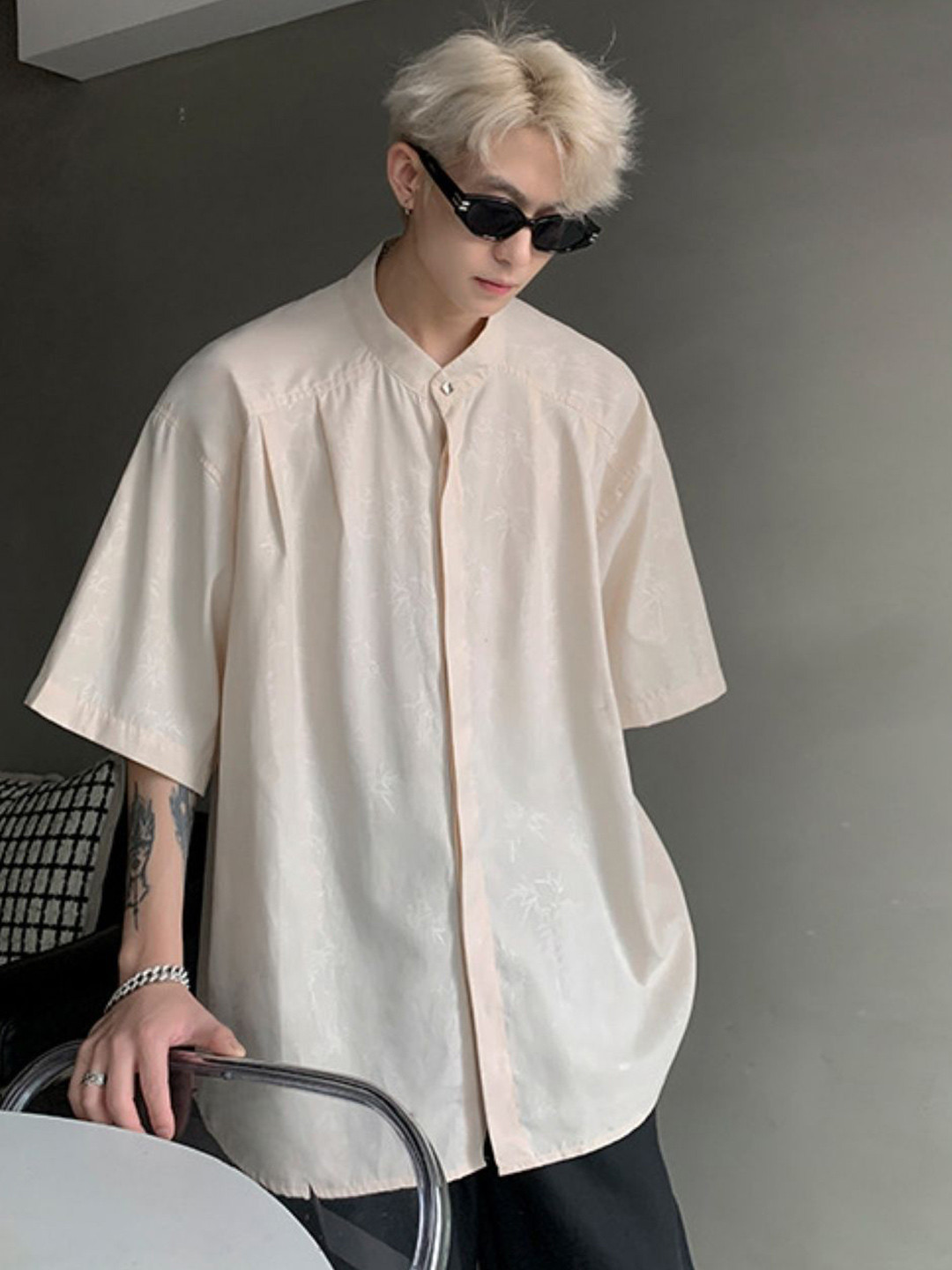 StyleCast Men Original Oversized Band Collar Drop-Shoulder Sleeves Casual Shirt