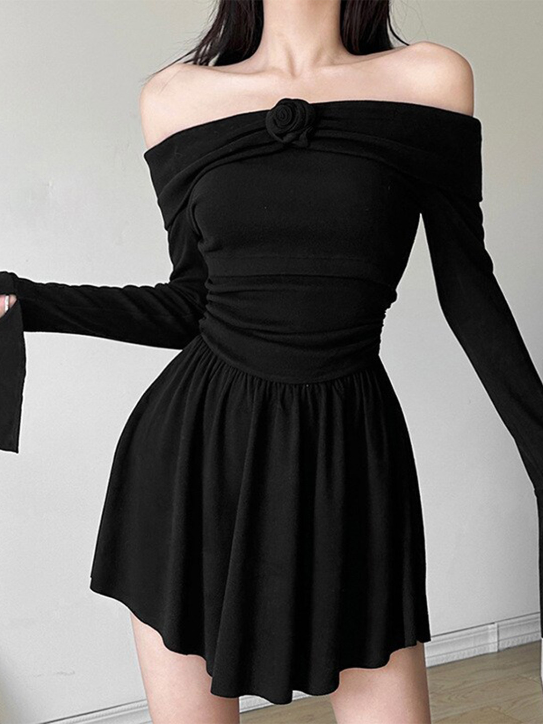 StyleCast Black Off-Shoulder Bell Sleeve Ruffled Fit & Flare Mini Dress