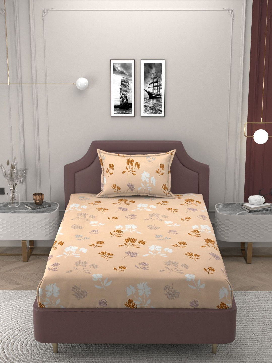 BELVOSTUM Orange Floral Microfiber 160 TC Single Bedsheet with a Pillow Cover-90 x 60 inches