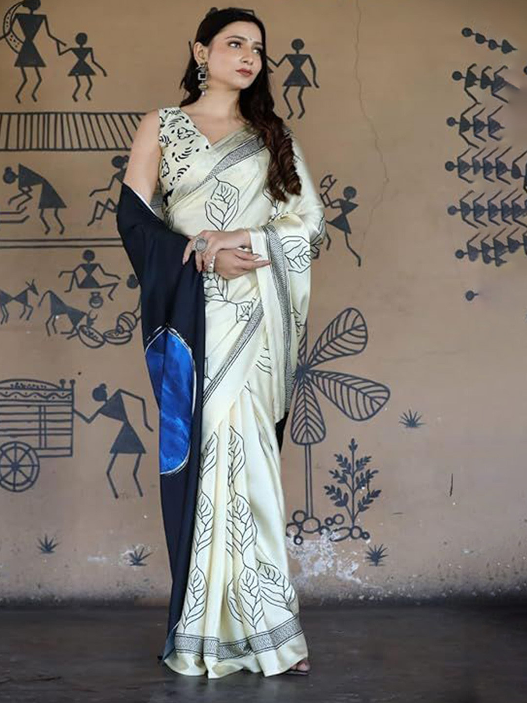 zinzraa Ajrak Block Zari Satin Saree