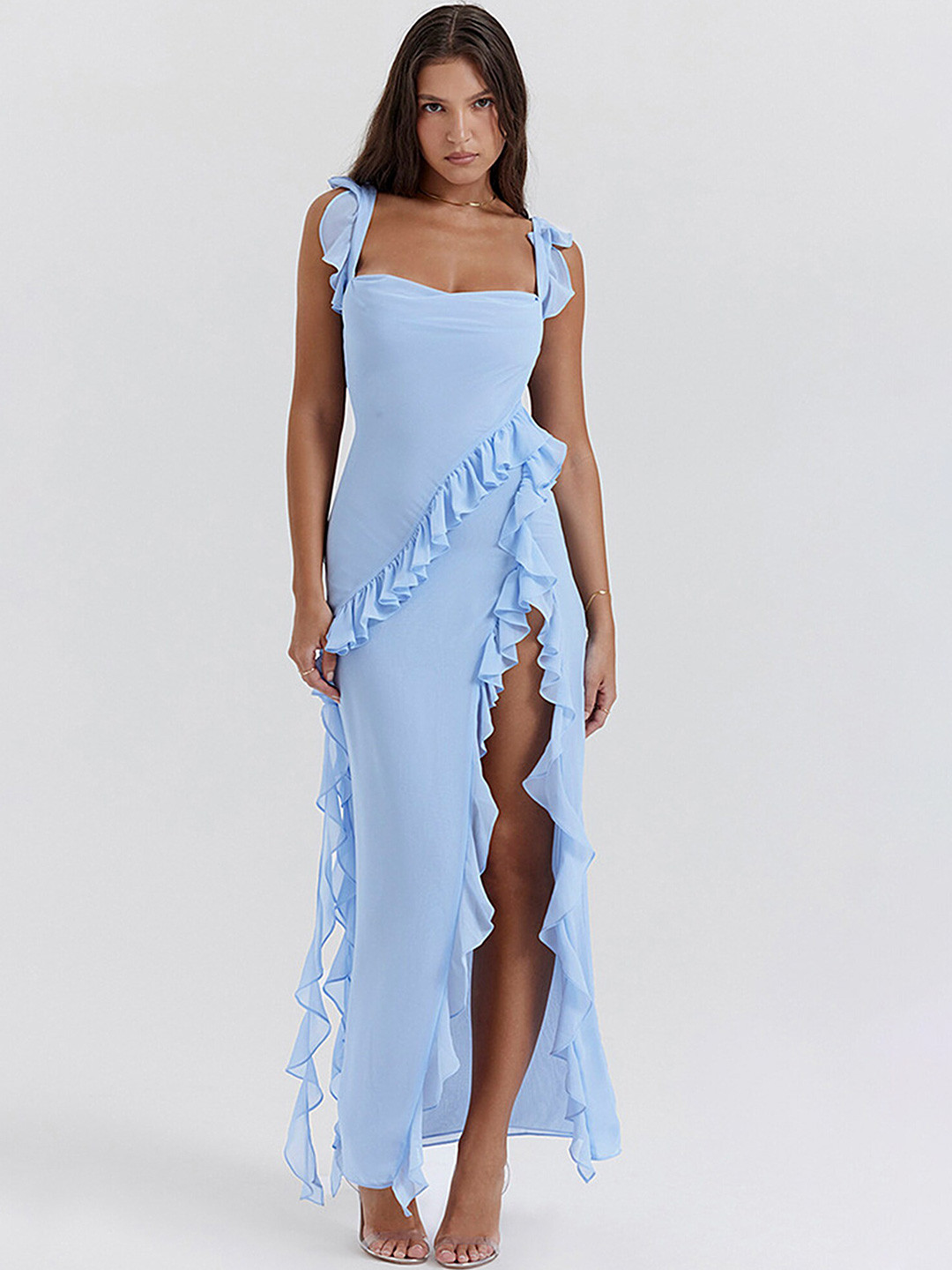 LULU & SKY Blue Ruffles Shoulder Straps Maxi Dress