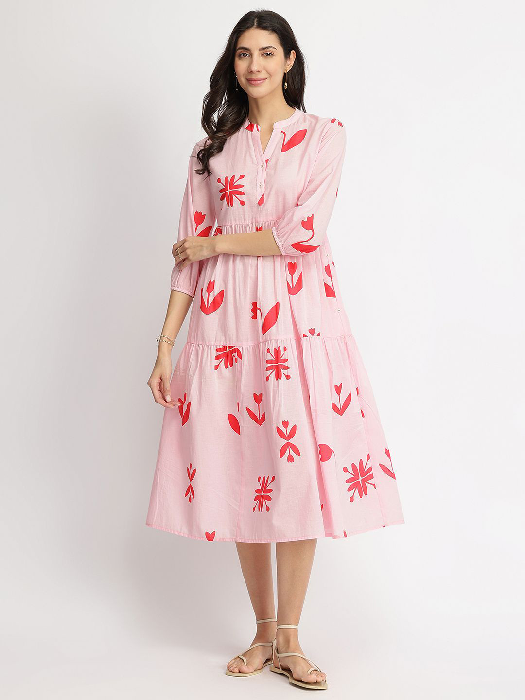 Pink Fort Women A-Line Midi Cotton Floral Motif Dress