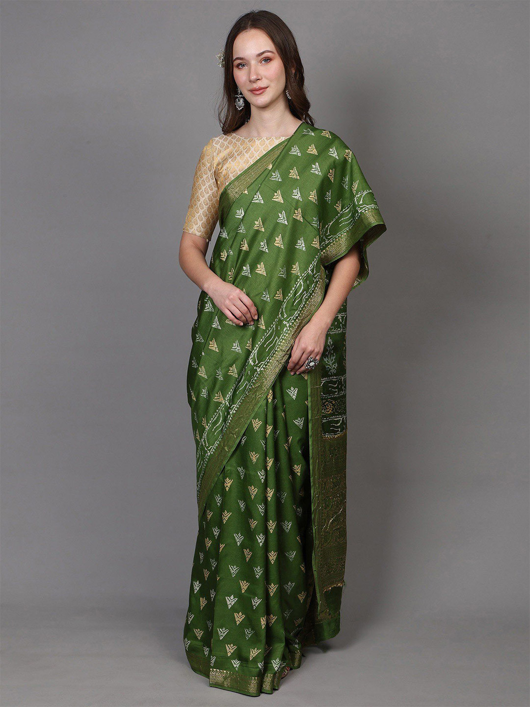 Exotic India Dabu Art Silk Block Print Saree