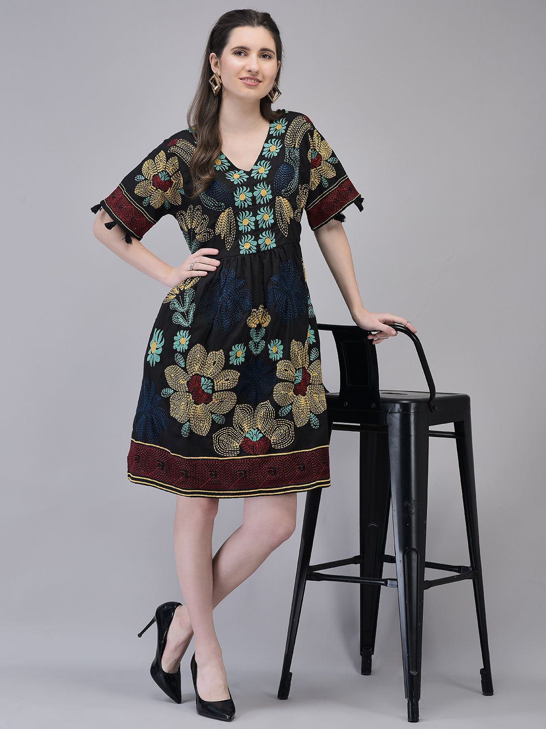 Aralia Floral Embroidered A-Line Midi Dress