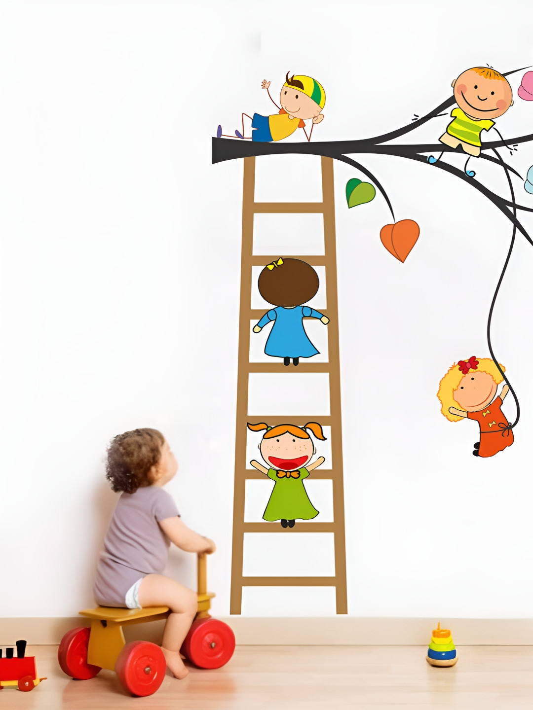 LANSTICK Brown & Yellow Tree With Children Printed Self-Adhesive WallStickers