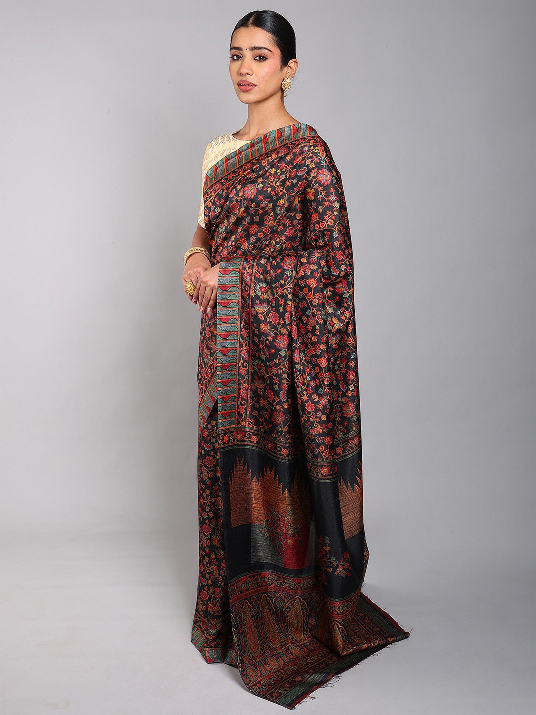 Exotic India Kani Saree with Printed Multicolor Floral Paisley Vines