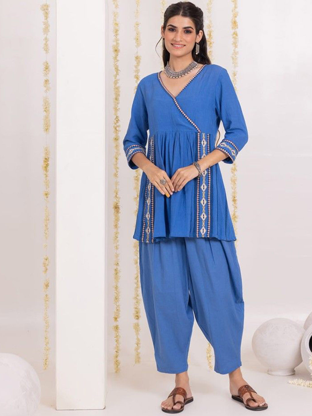 Aralia Women Floral Embroidered Straight Angrakha Kurti with Dhoti Pant