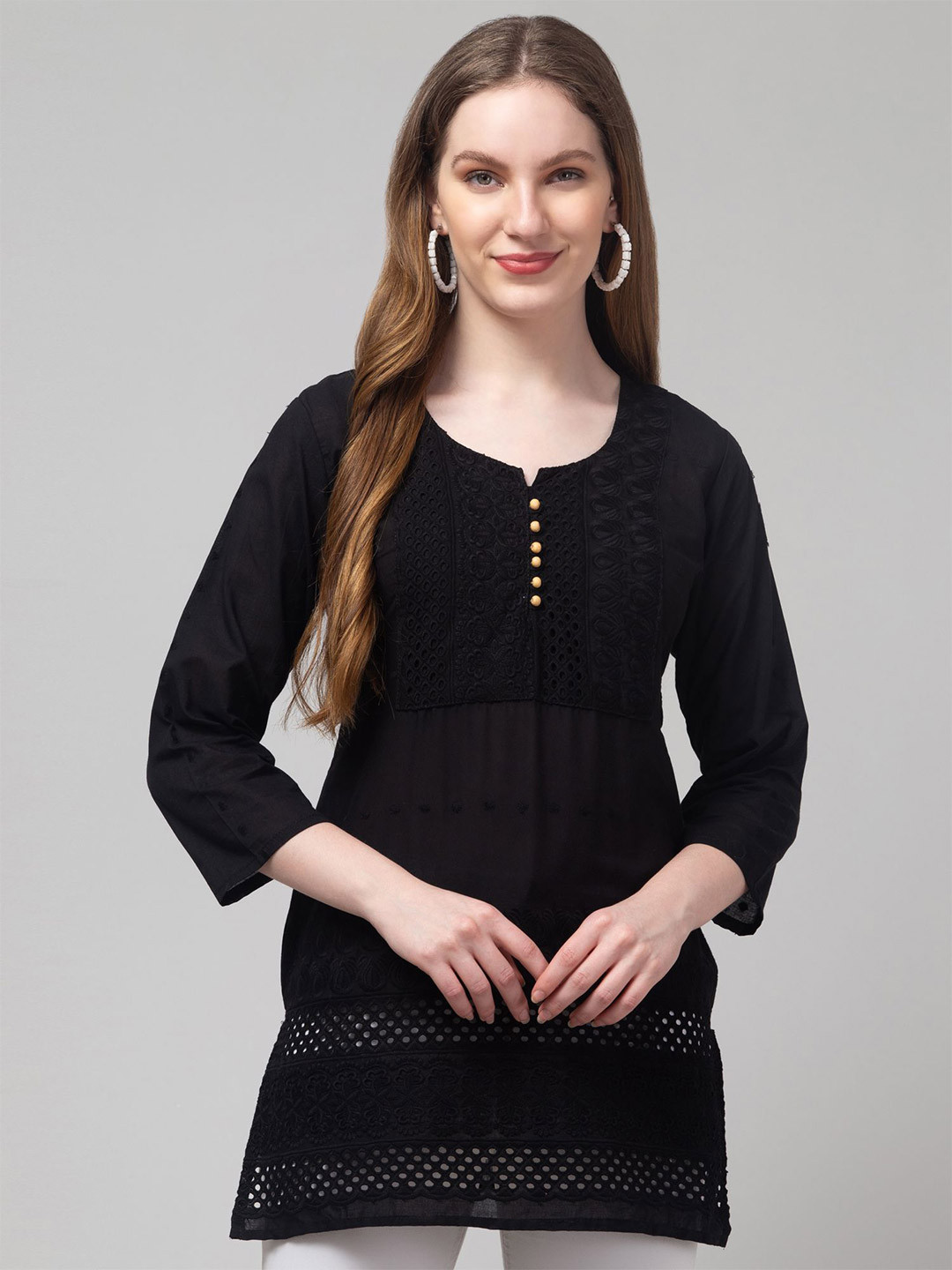 CROWN KING Women Woven Design Embroidered Chikankari Pure Cotton A-Line Kurti