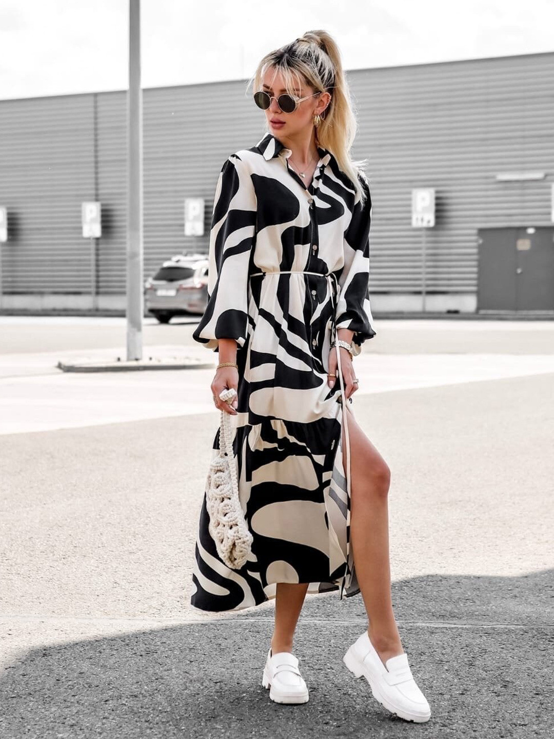 StyleCast Black Abstract Print Shirt Midi Dress