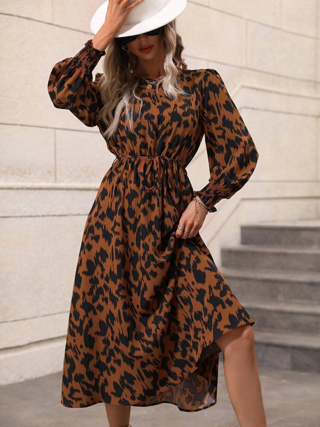 StyleCast Brown Abstract Printed Fit and Flare Midi Dress