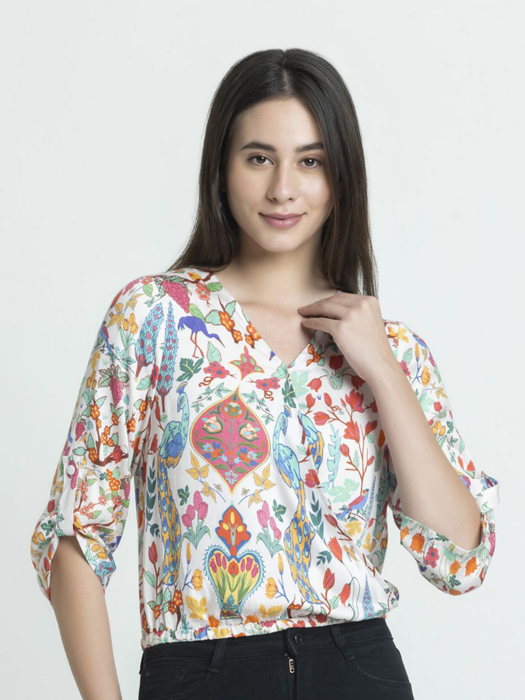 SHAYE Women White V-Neck Peacock Print Three-Quarter Sleeves Casual Tops