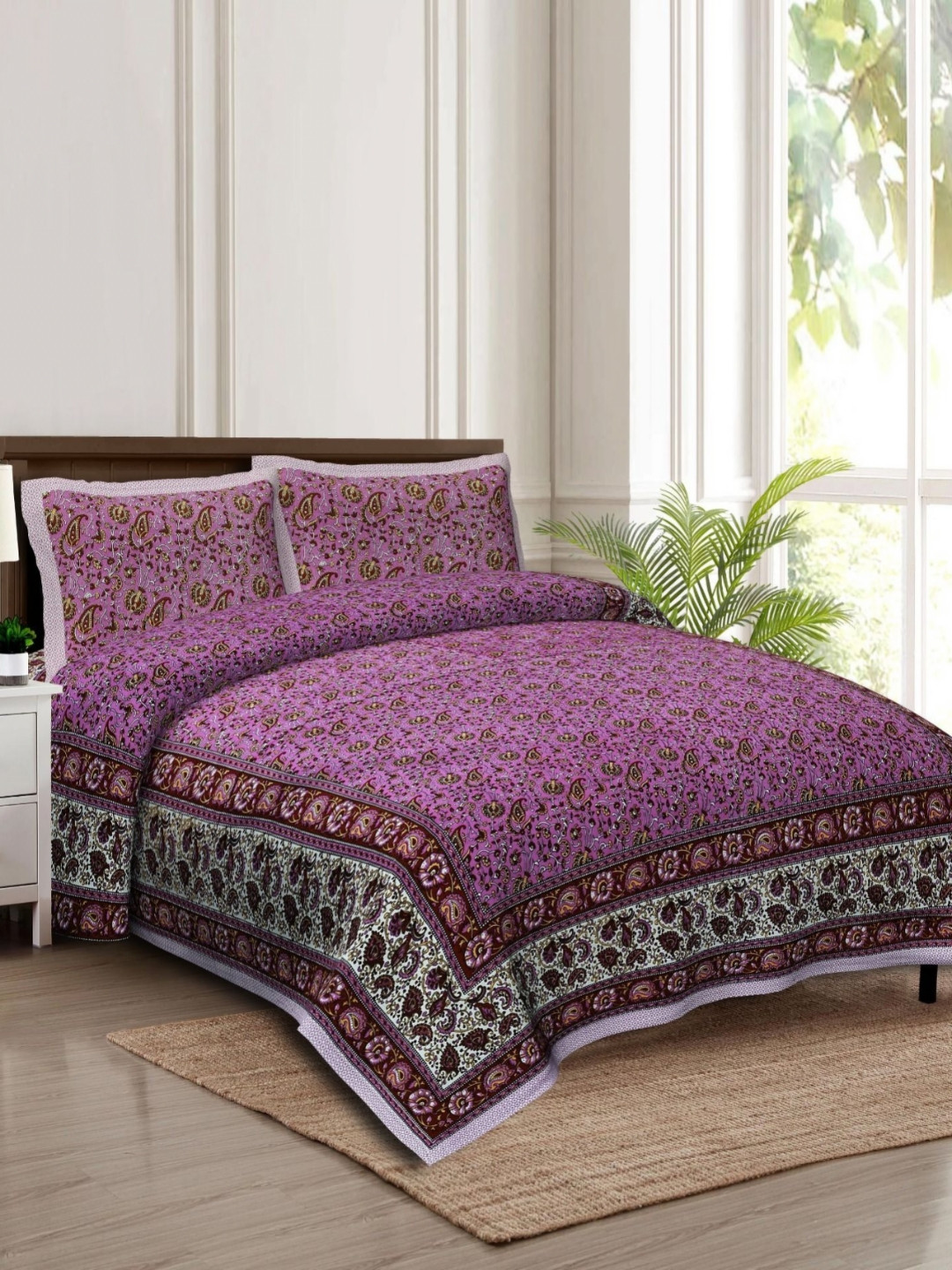 Rudra Bazaar Pink Ethnic Motifs Cotton 210 TC King Fine Bedsheet with 2 Pillow Covers-108 x 91 inches