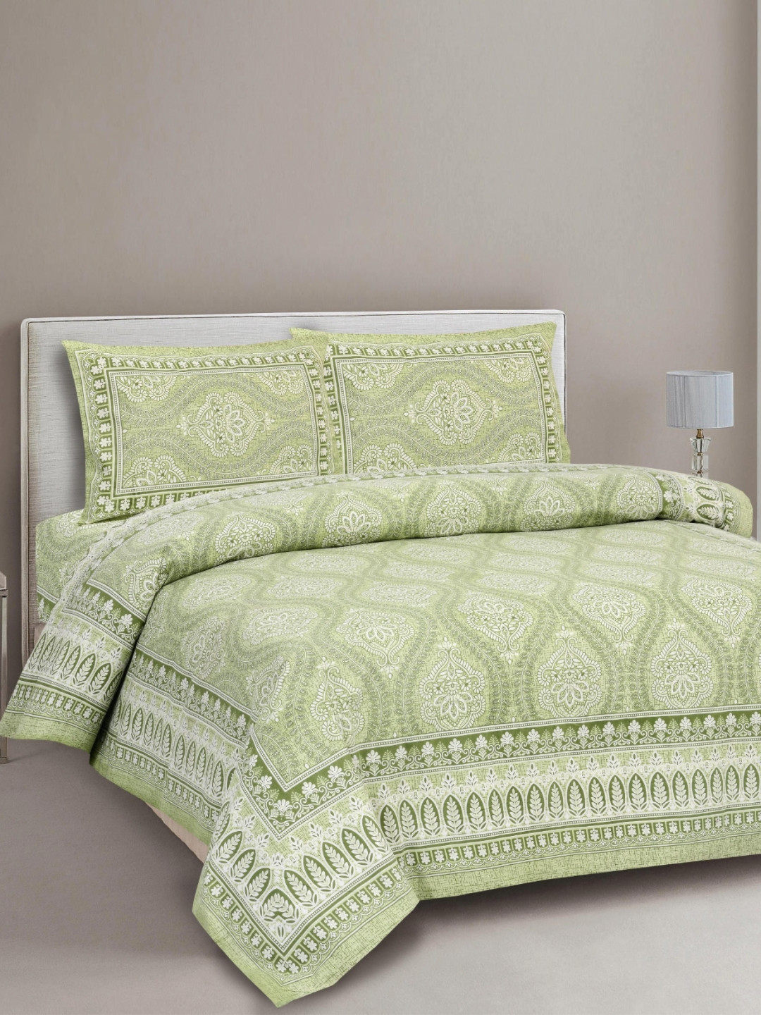 Lali Prints Jaipur Green Ethnic Motifs Cotton 210 TC King Fine Bedsheet with 2 Pillow Covers-93 x 108 inches