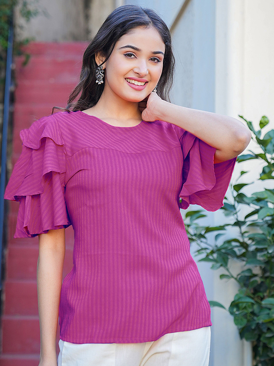 IKRASS Women Vertical Striped Flared Sleeves Top