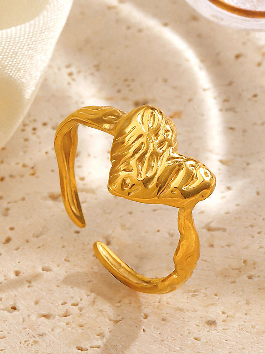 LULU & SKY Gold Plated Adjustable Stainless Steel Heart Design Corrugated Finger Ring