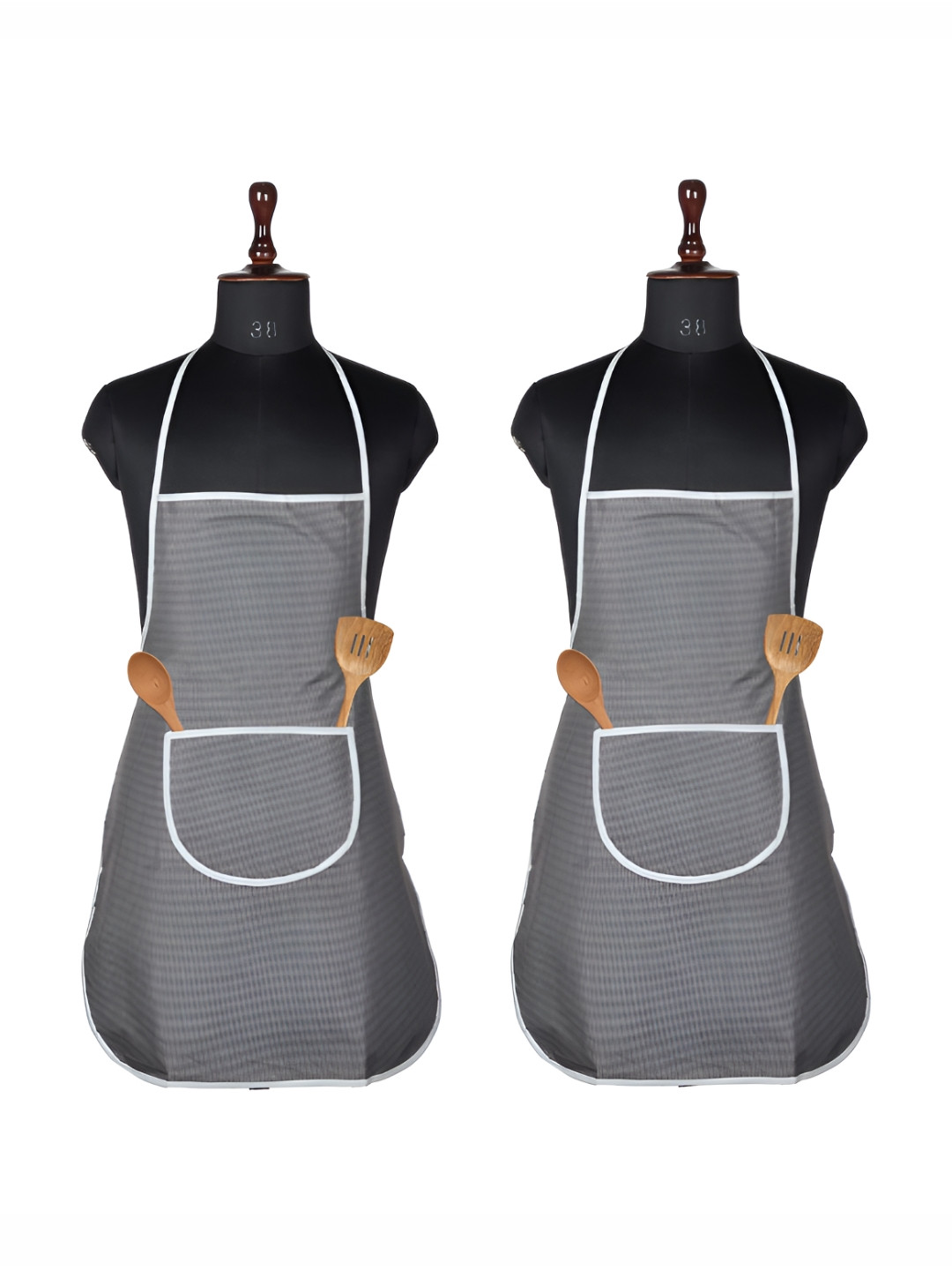 Myntra Elegant Homes 2-Pcs Grey Checked Water-Resistant Kitchen Apron With Center Pockets
