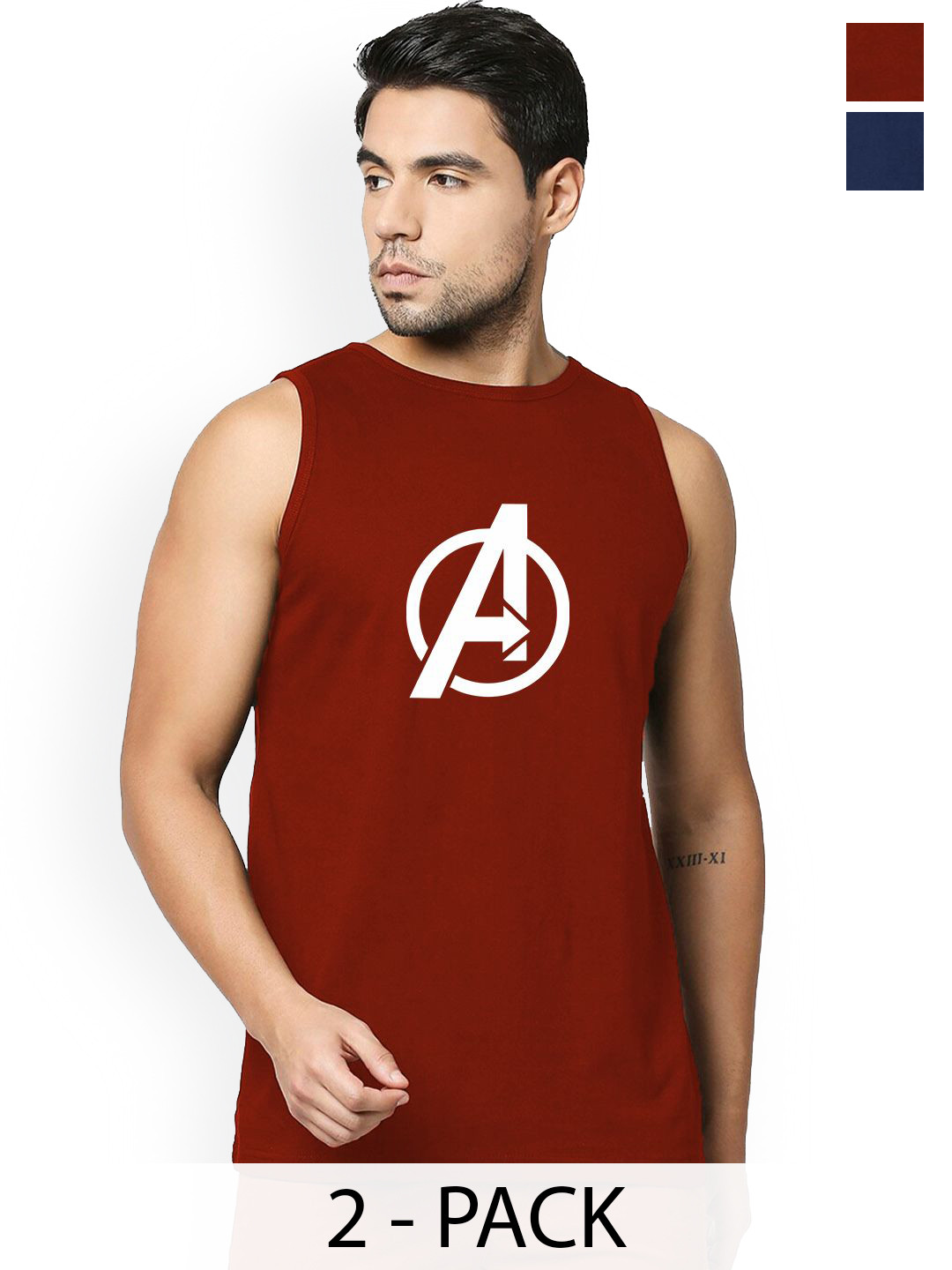 Organic Chics Pack Of 2 Printed Cotton Gym Vests MaroonAvenger-NavyBatman_S