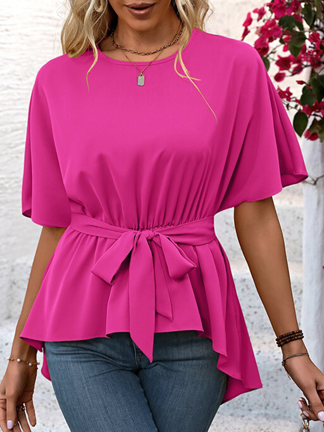 StyleCast Fuchsia Flared Sleeve Tie Up Linen High Low Top